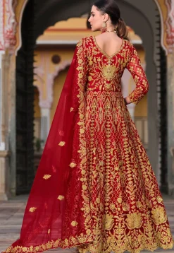 Embroidered Net Abaya Style Suit in Red