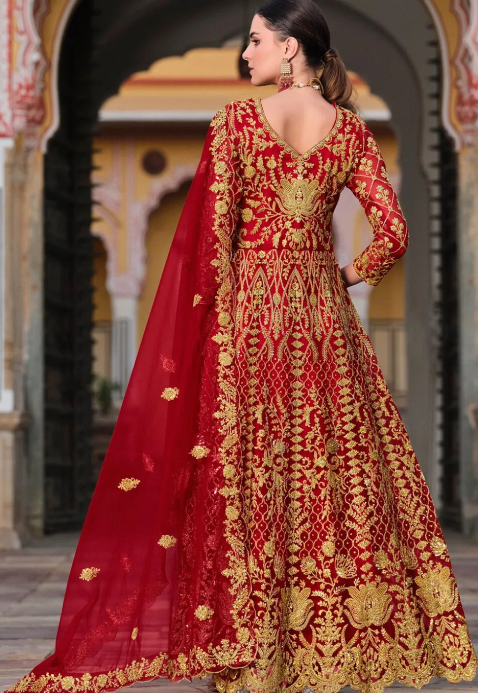 Embroidered Net Abaya Style Suit in Red