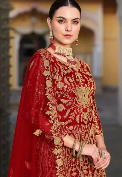 Embroidered Net Abaya Style Suit in Red