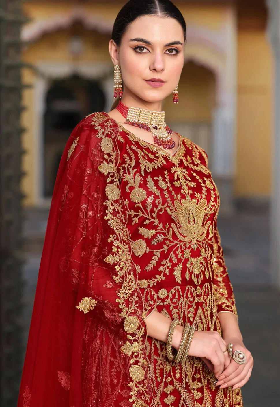 Embroidered Net Abaya Style Suit in Red