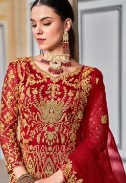Embroidered Net Abaya Style Suit in Red
