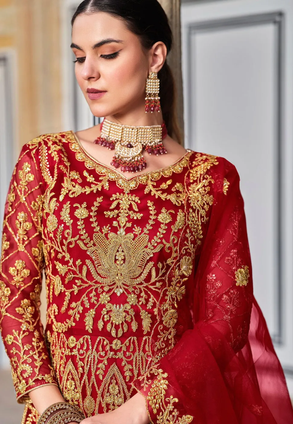 Embroidered Net Abaya Style Suit in Red