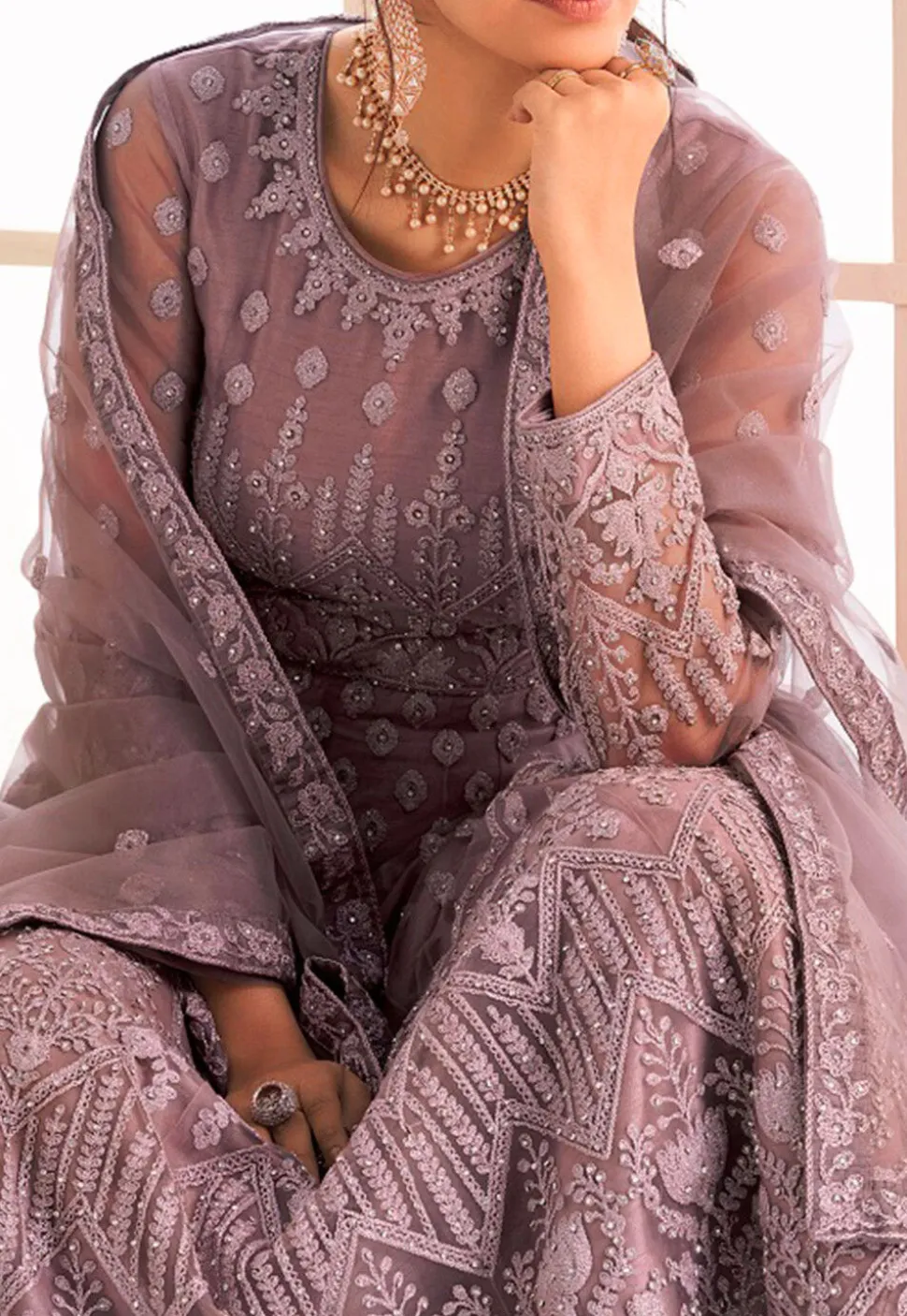 Embroidered Net Abaya Style Suit in Old Rose