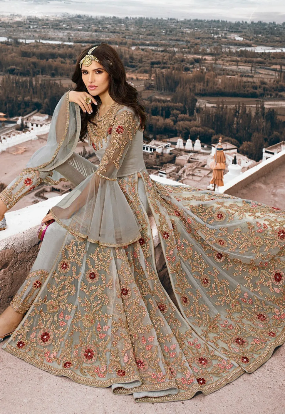 Embroidered Net Abaya Style Suit in Grey