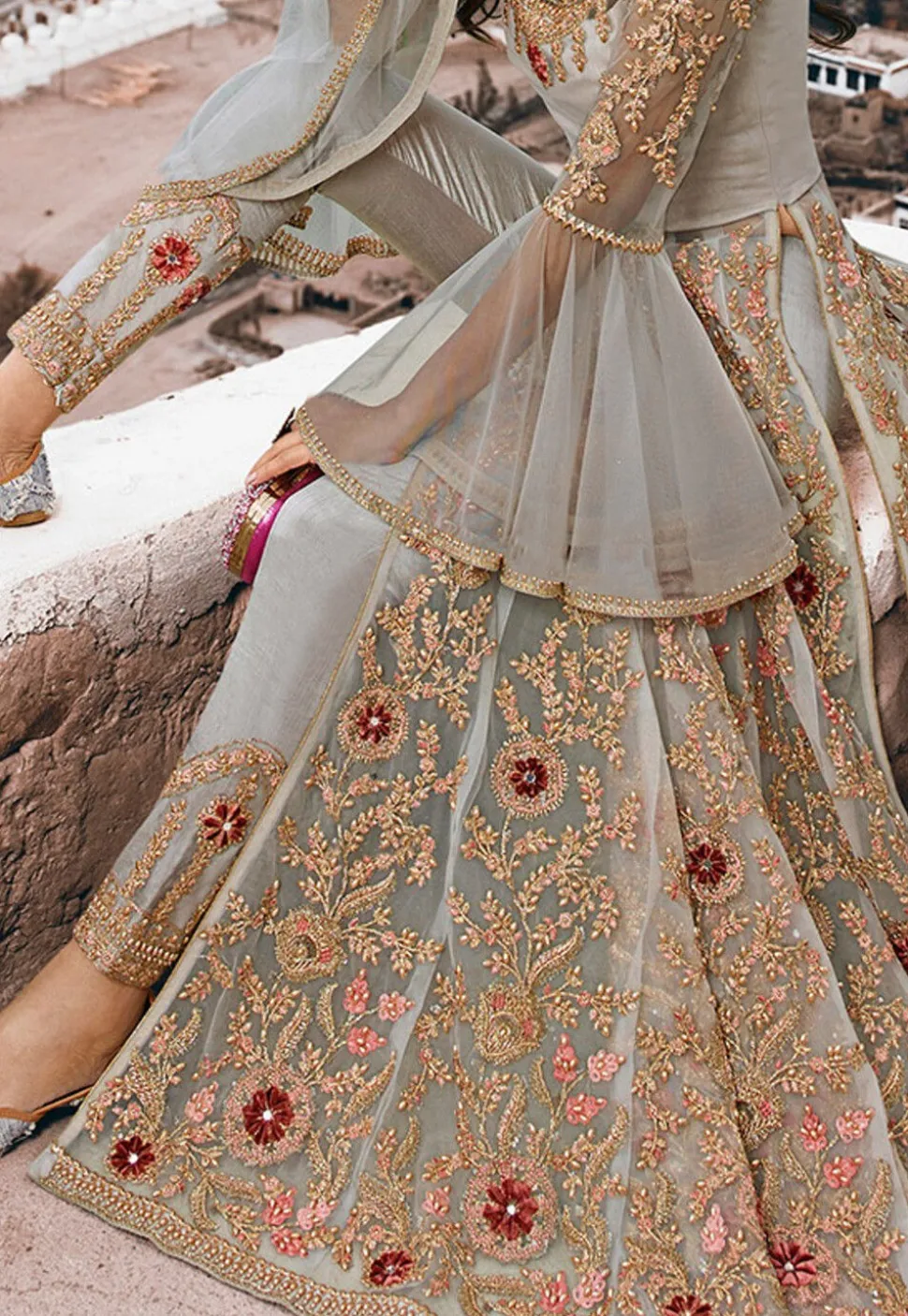 Embroidered Net Abaya Style Suit in Grey