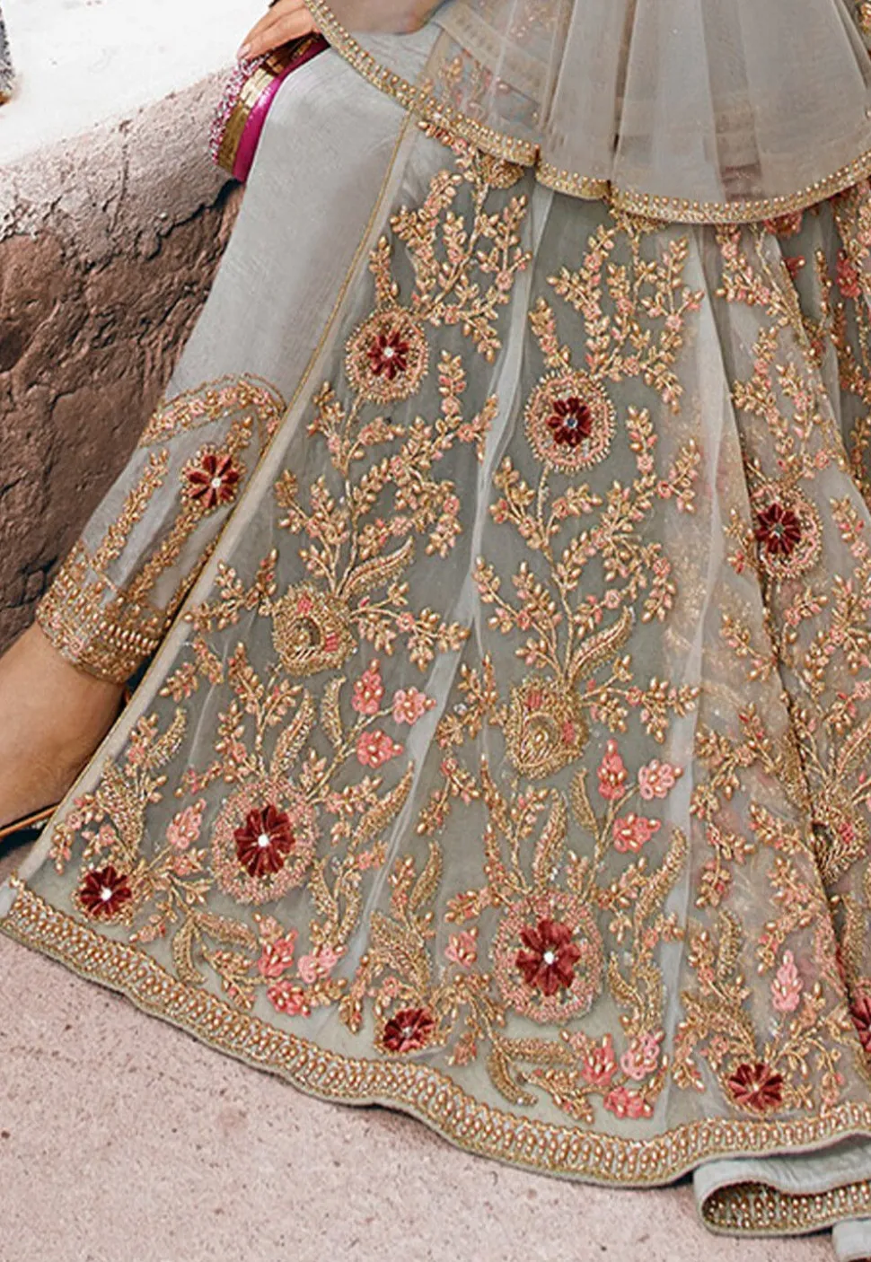 Embroidered Net Abaya Style Suit in Grey