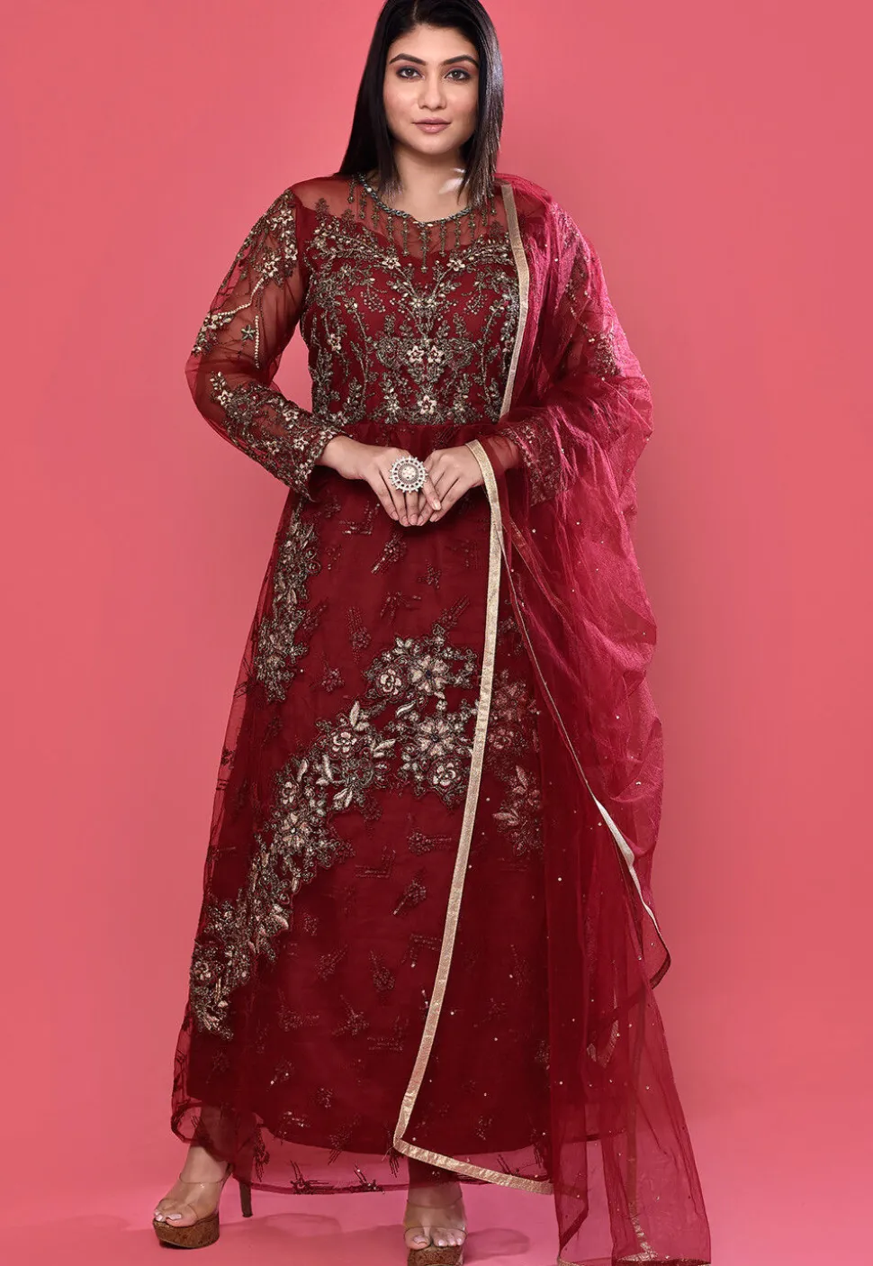 Embroidered Net Abaya Style Suit in Maroon