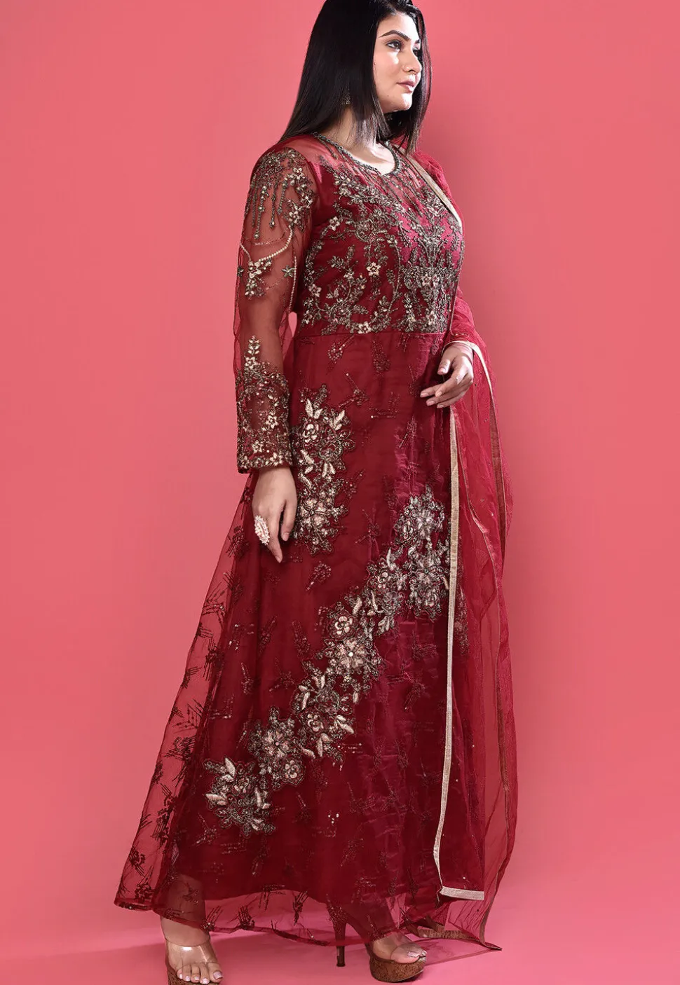 Embroidered Net Abaya Style Suit in Maroon