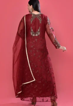 Embroidered Net Abaya Style Suit in Maroon