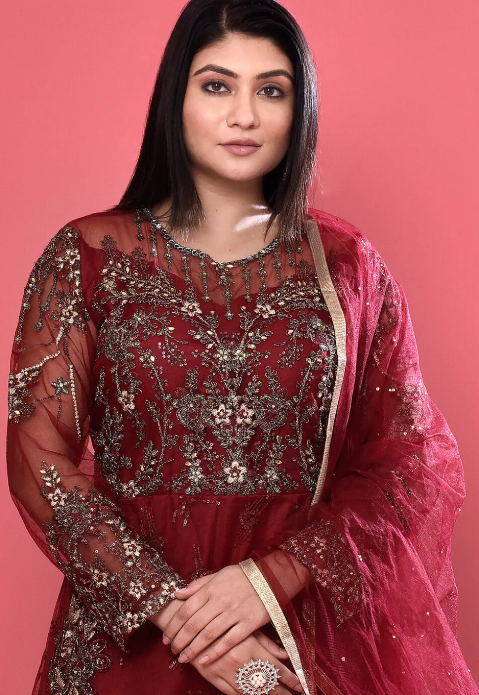 Embroidered Net Abaya Style Suit in Maroon