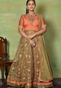 Embroidered Net Abaya Style Suit in Peach and Beige