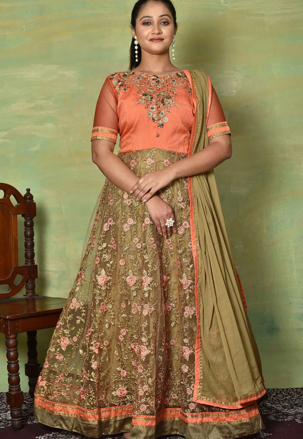 Embroidered Net Abaya Style Suit in Peach and Beige