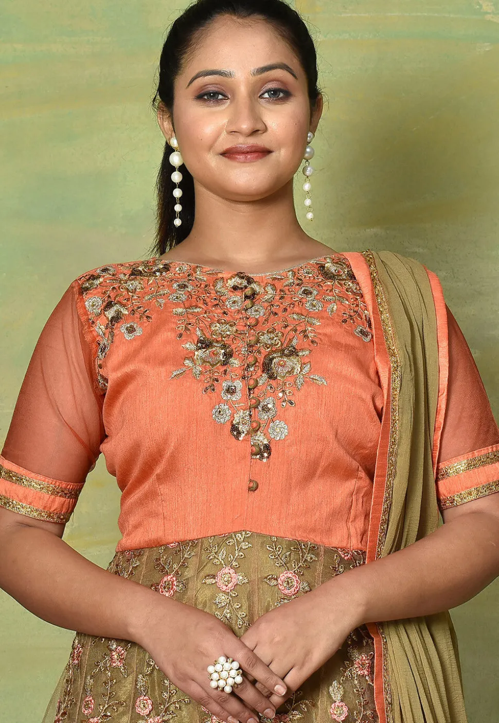 Embroidered Net Abaya Style Suit in Peach and Beige