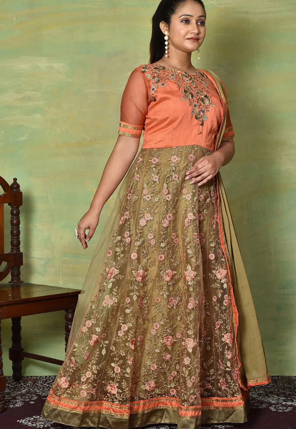 Embroidered Net Abaya Style Suit in Peach and Beige