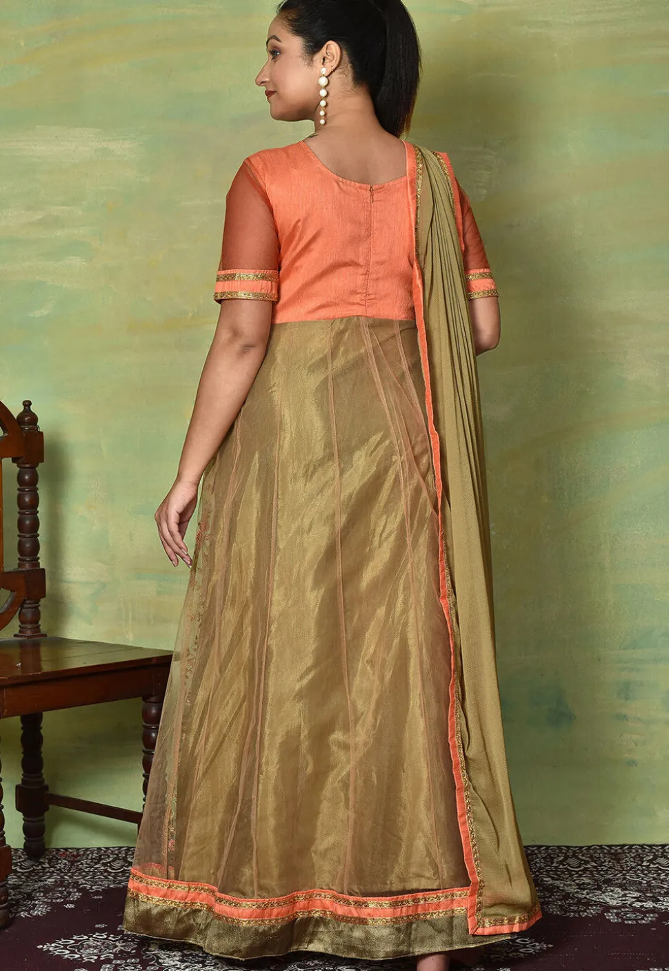 Embroidered Net Abaya Style Suit in Peach and Beige