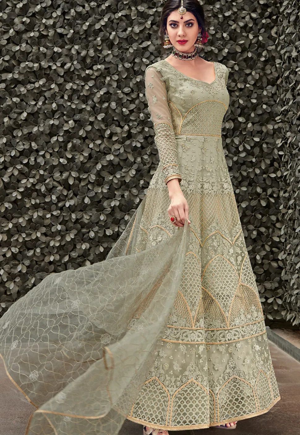 Embroidered Net Abaya Style Suit in Light Green