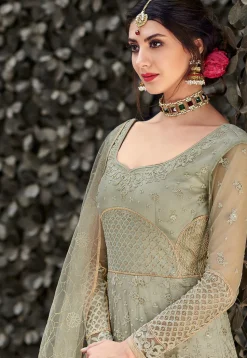 Embroidered Net Abaya Style Suit in Light Green