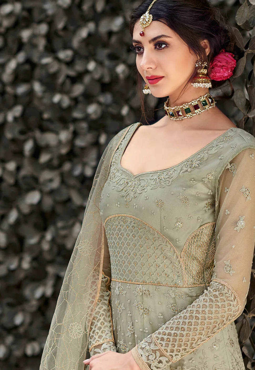 Embroidered Net Abaya Style Suit in Light Green