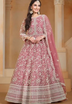 Embroidered Net Abaya Style Suit in Pink