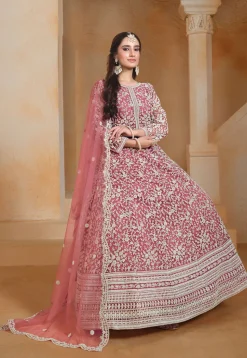 Embroidered Net Abaya Style Suit in Pink