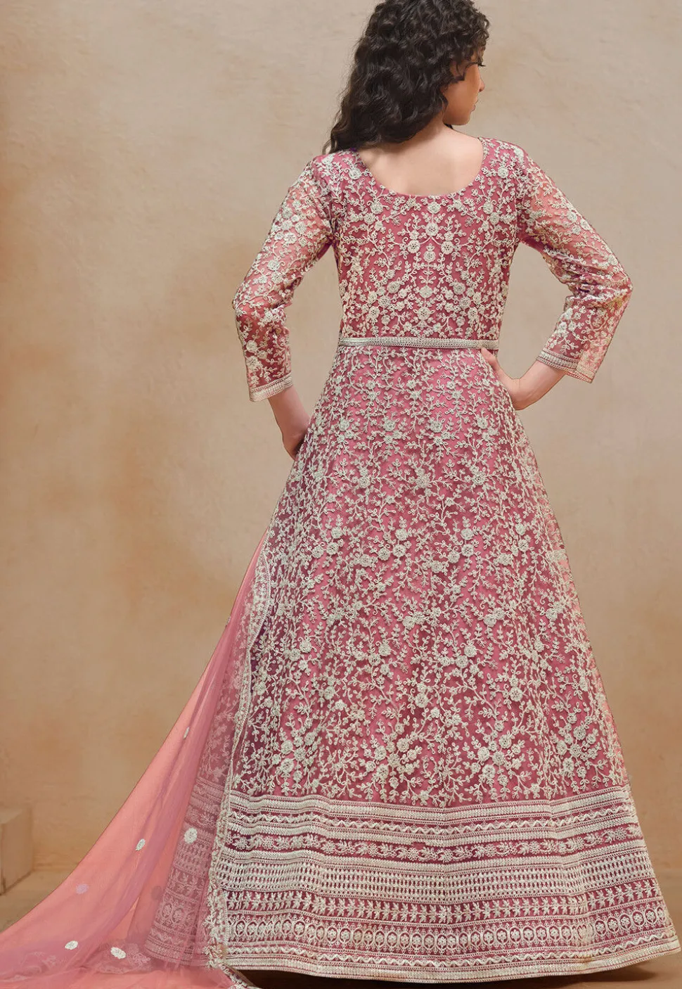 Embroidered Net Abaya Style Suit in Pink