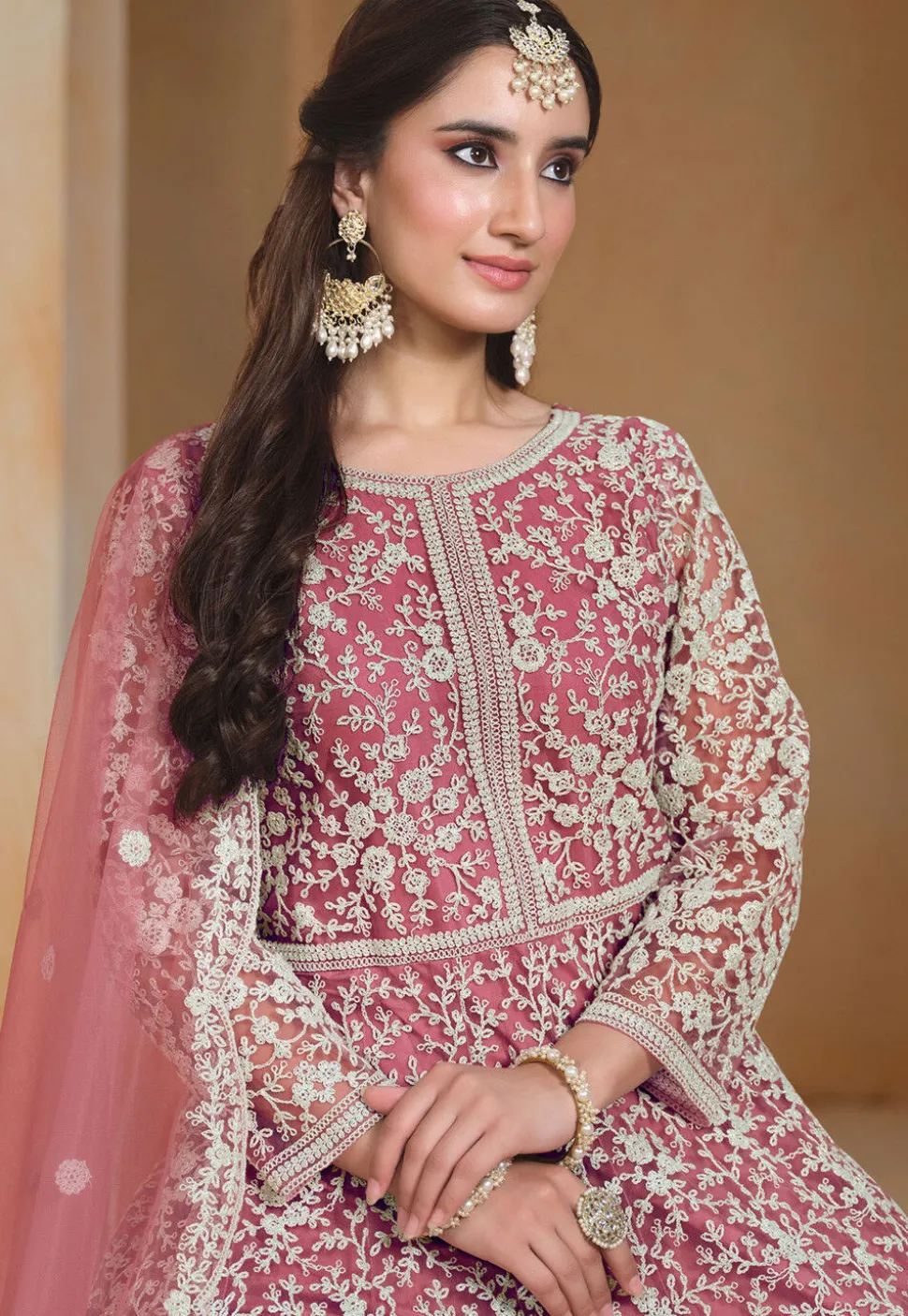 Embroidered Net Abaya Style Suit in Pink