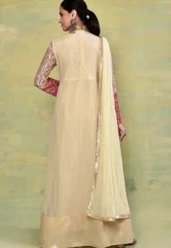 Embroidered Net Abaya Style Suit in Beige