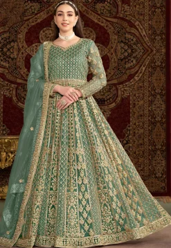 Embroidered Net Abaya Style Suit in Teal Green