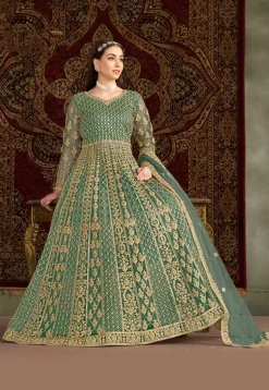 Embroidered Net Abaya Style Suit in Teal Green