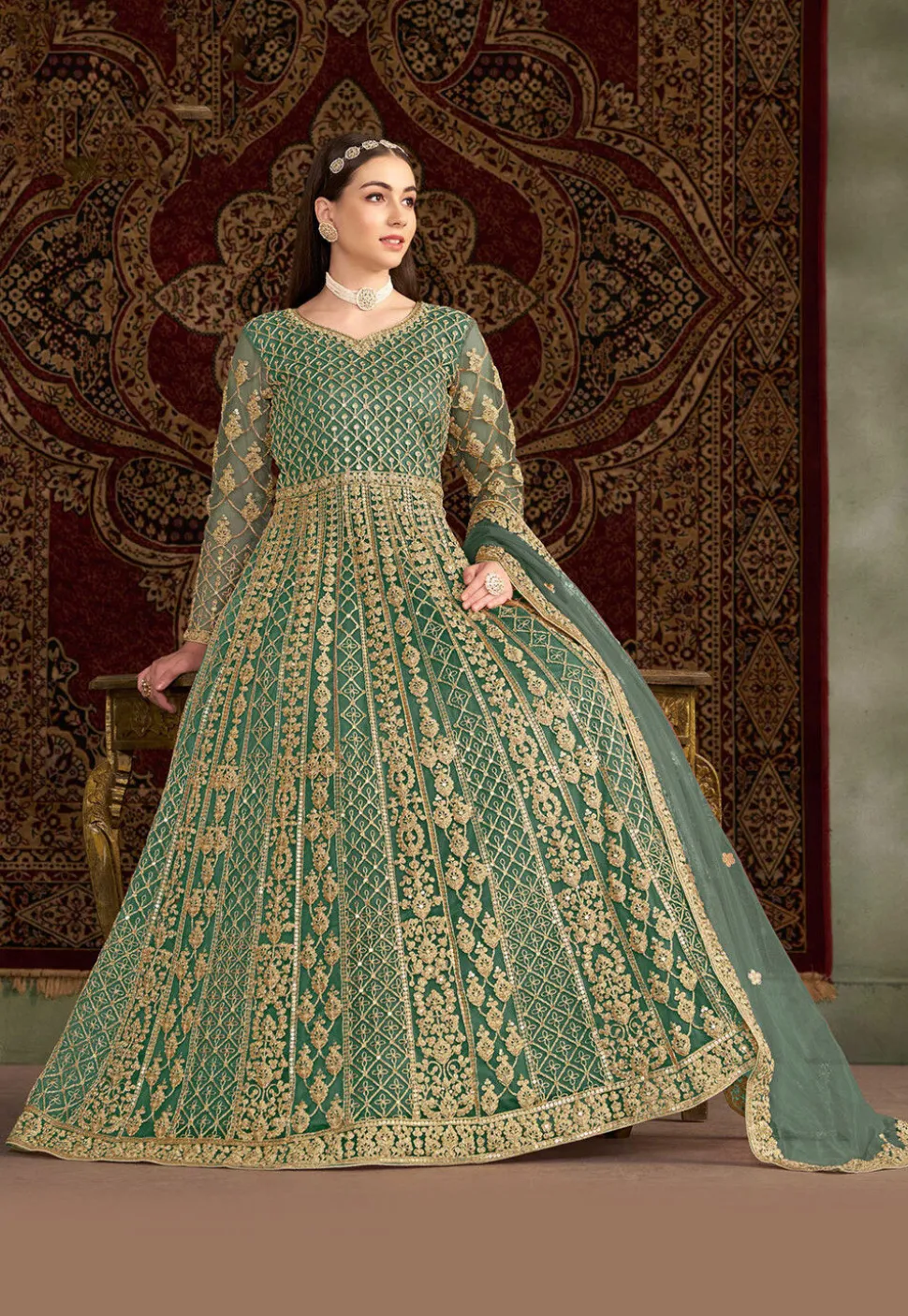 Embroidered Net Abaya Style Suit in Teal Green