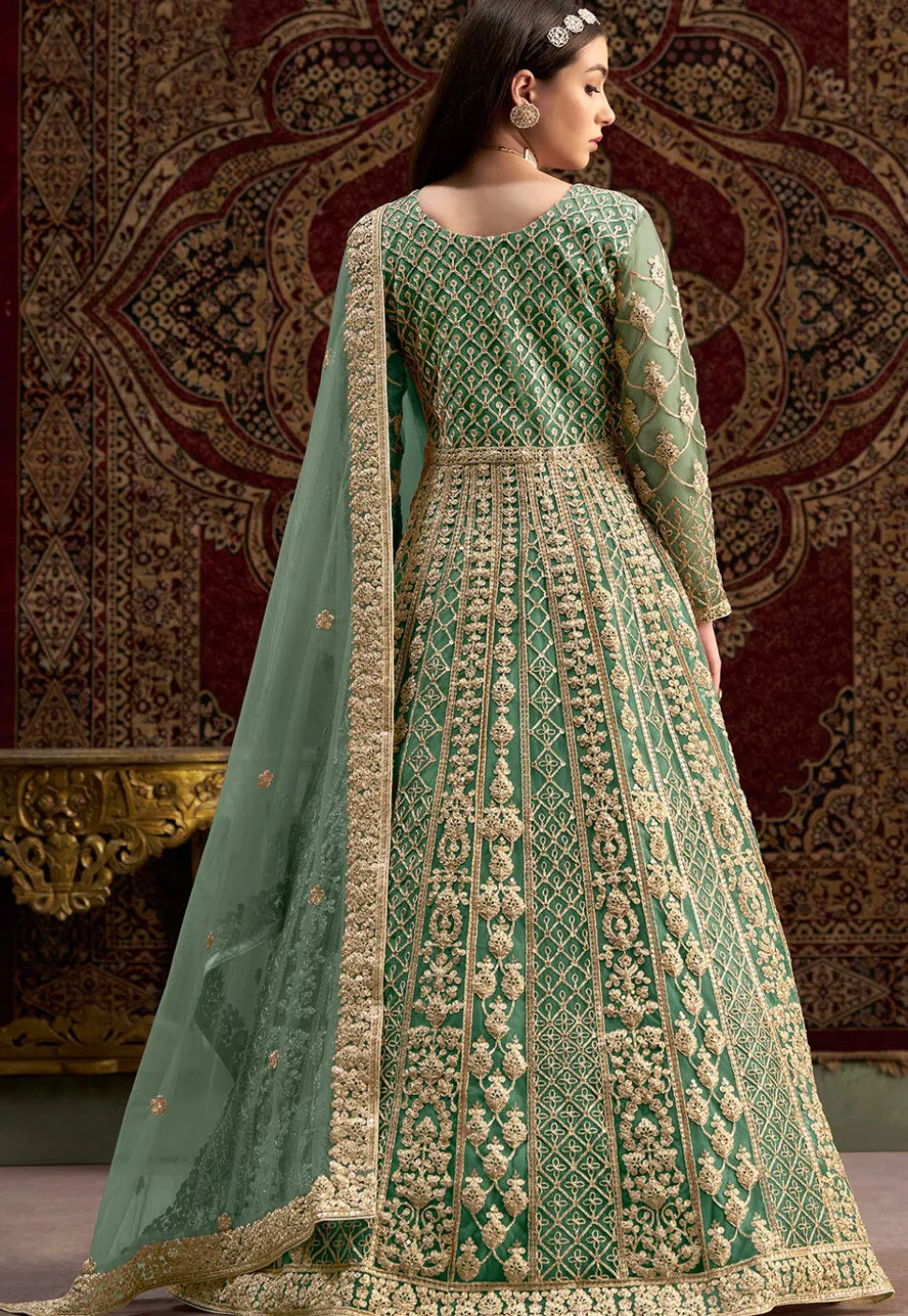 Embroidered Net Abaya Style Suit in Teal Green