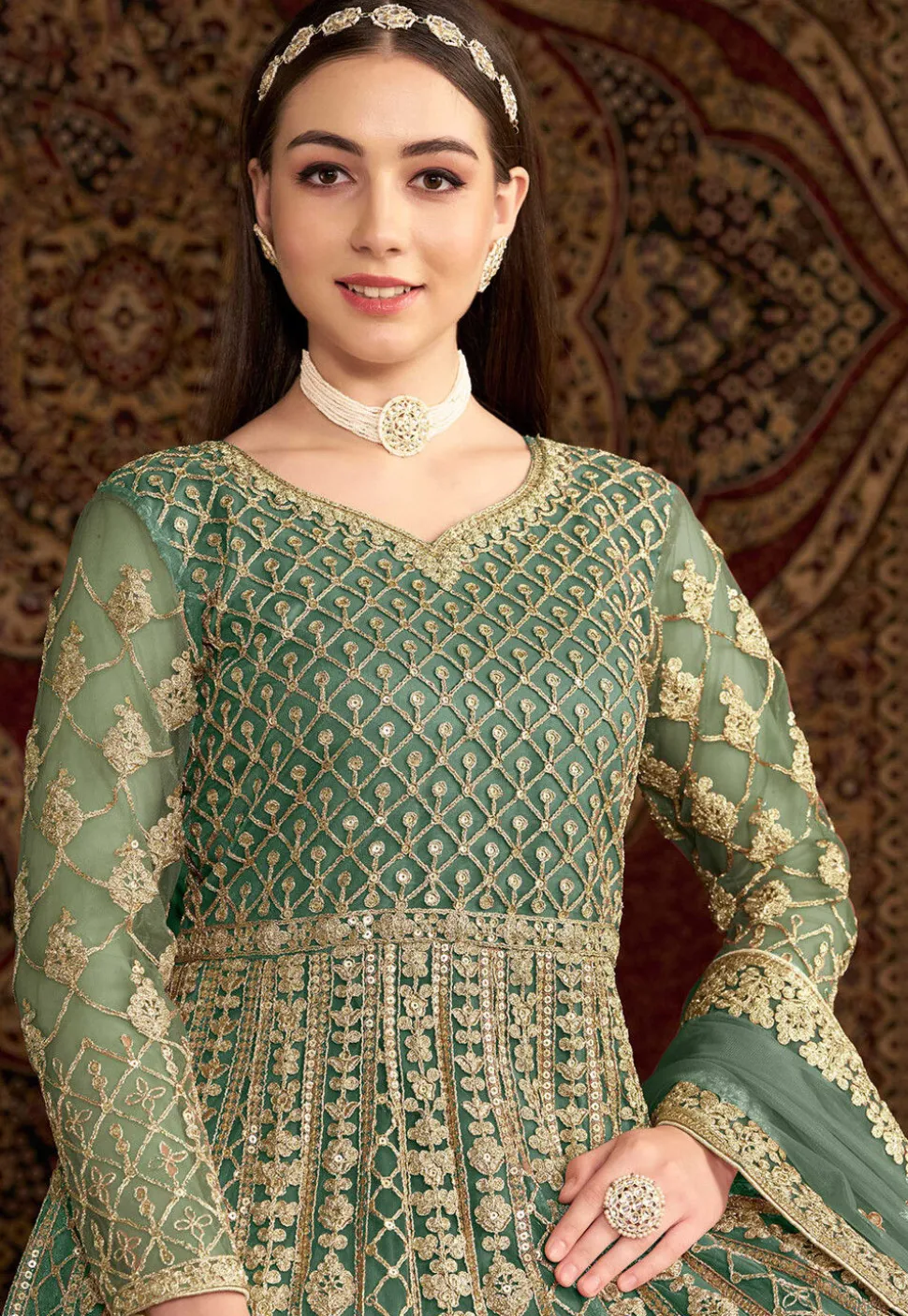 Embroidered Net Abaya Style Suit in Teal Green