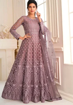 Embroidered Net Abaya Style Suit in Old Rose