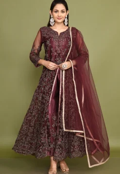 Embroidered Net Abaya Style Suit in Wine