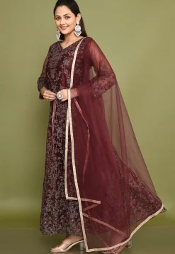 Embroidered Net Abaya Style Suit in Wine