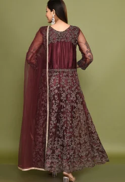 Embroidered Net Abaya Style Suit in Wine