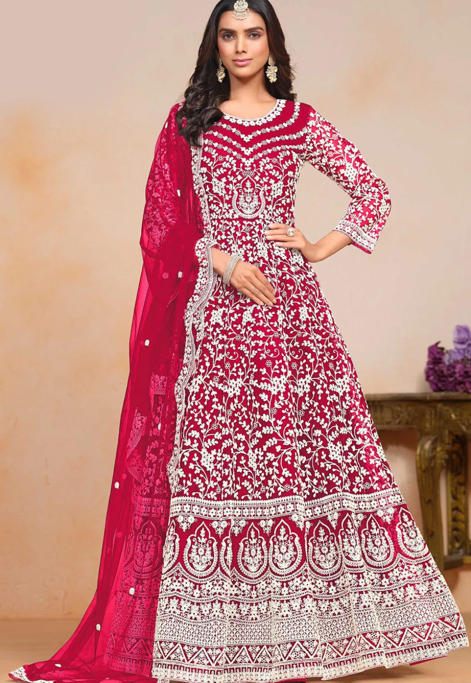 Embroidered Net Abaya Style Suit in Fuchsia