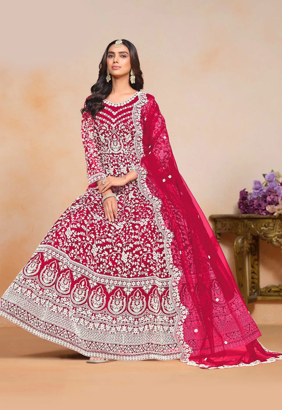 Embroidered Net Abaya Style Suit in Fuchsia