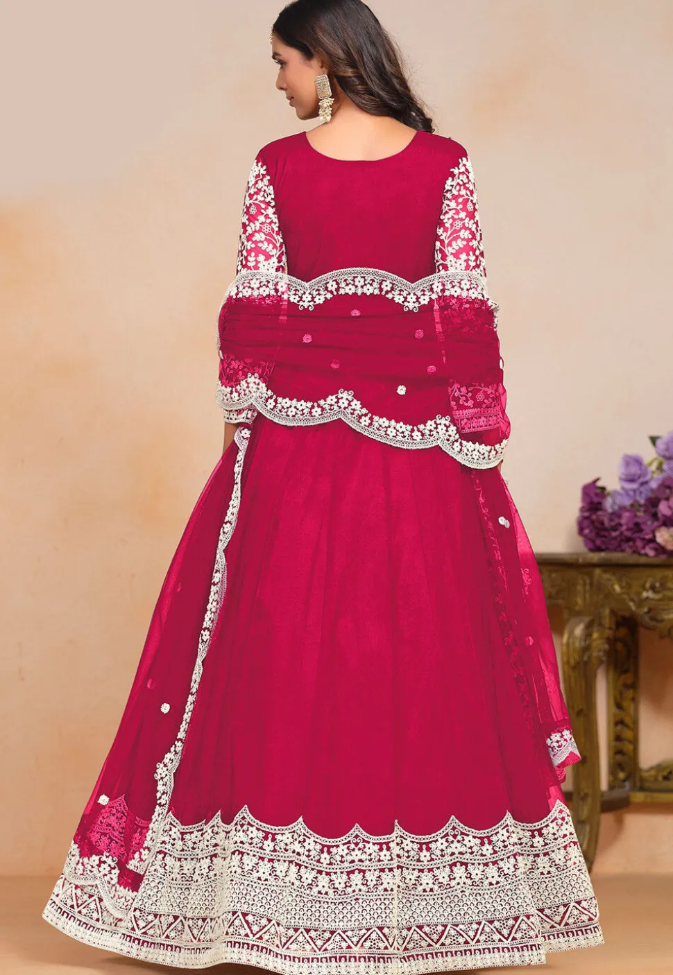 Embroidered Net Abaya Style Suit in Fuchsia