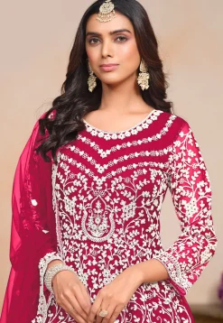 Embroidered Net Abaya Style Suit in Fuchsia