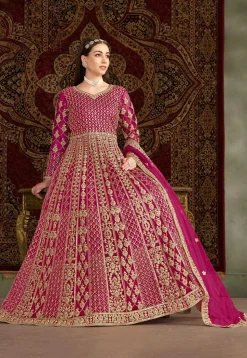 Embroidered Net Abaya Style Suit in Pink