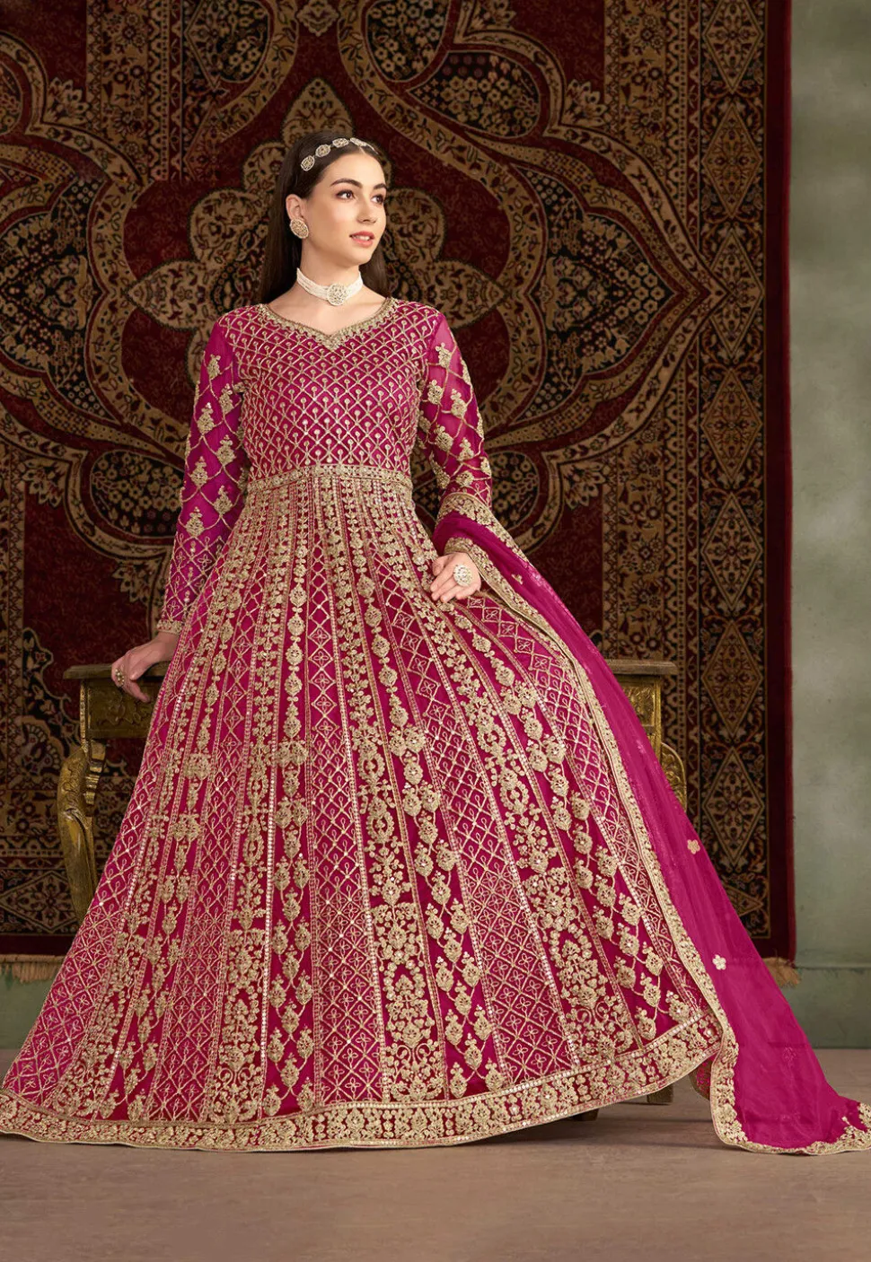 Embroidered Net Abaya Style Suit in Pink