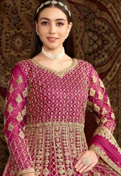 Embroidered Net Abaya Style Suit in Pink