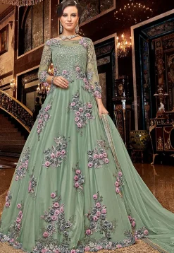 Embroidered Net Abaya Style Suit in Pastel Green