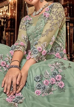 Embroidered Net Abaya Style Suit in Pastel Green
