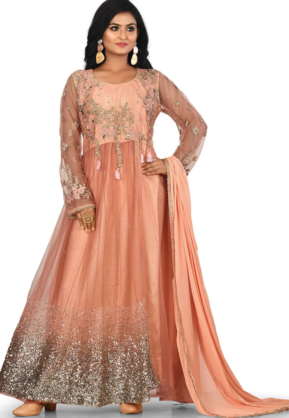 Embroidered Net Abaya Style Suit in Peach