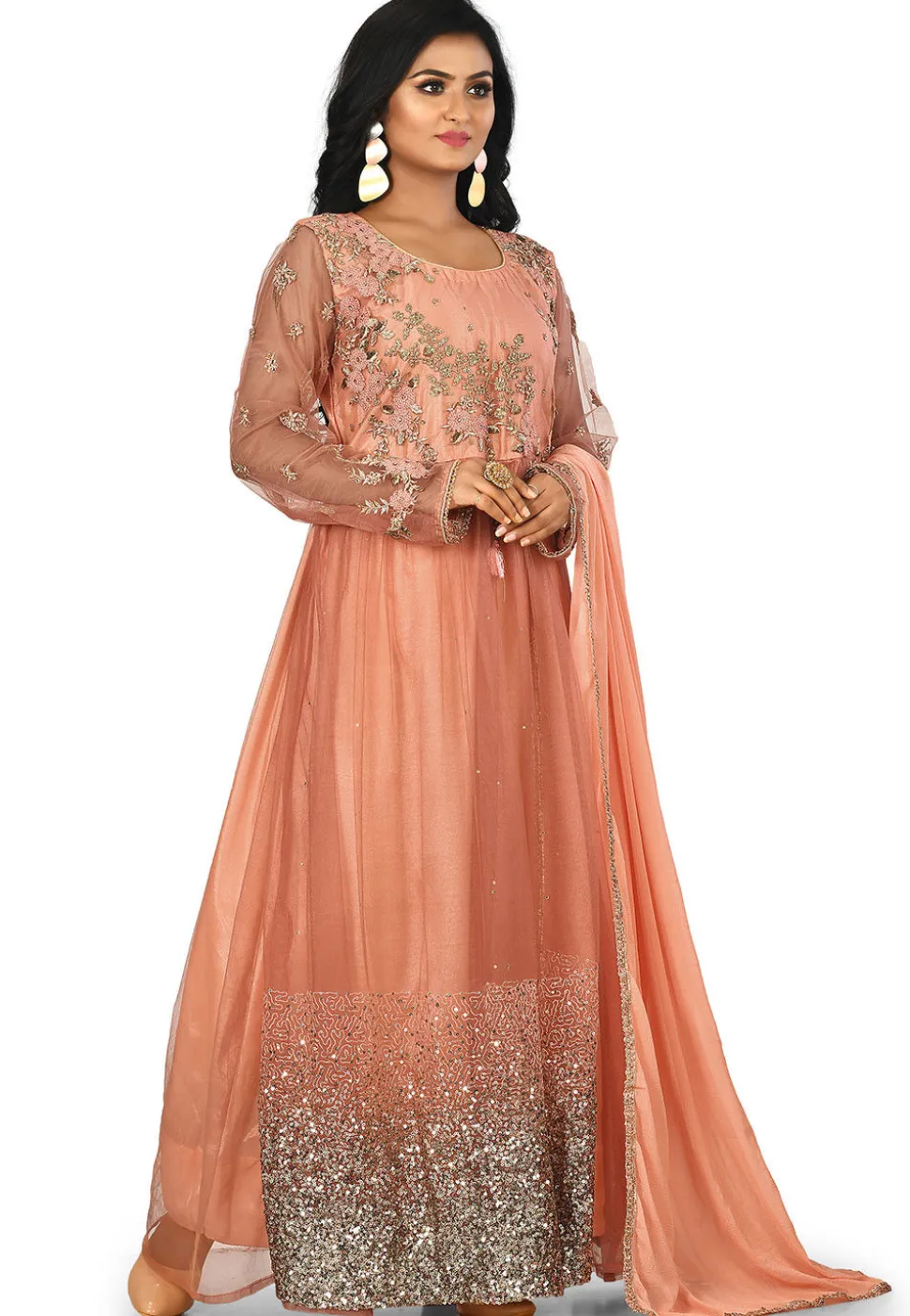 Embroidered Net Abaya Style Suit in Peach