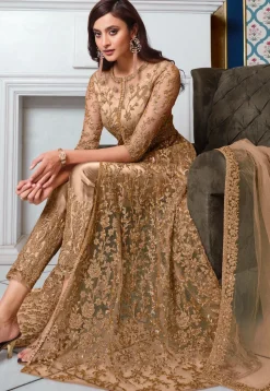 Embroidered Net Abaya Style Suit in Beige