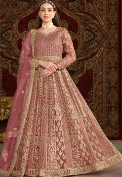 Embroidered Net Abaya Style Suit in Pink