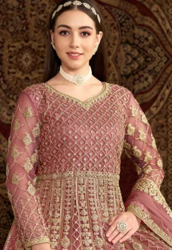 Embroidered Net Abaya Style Suit in Pink